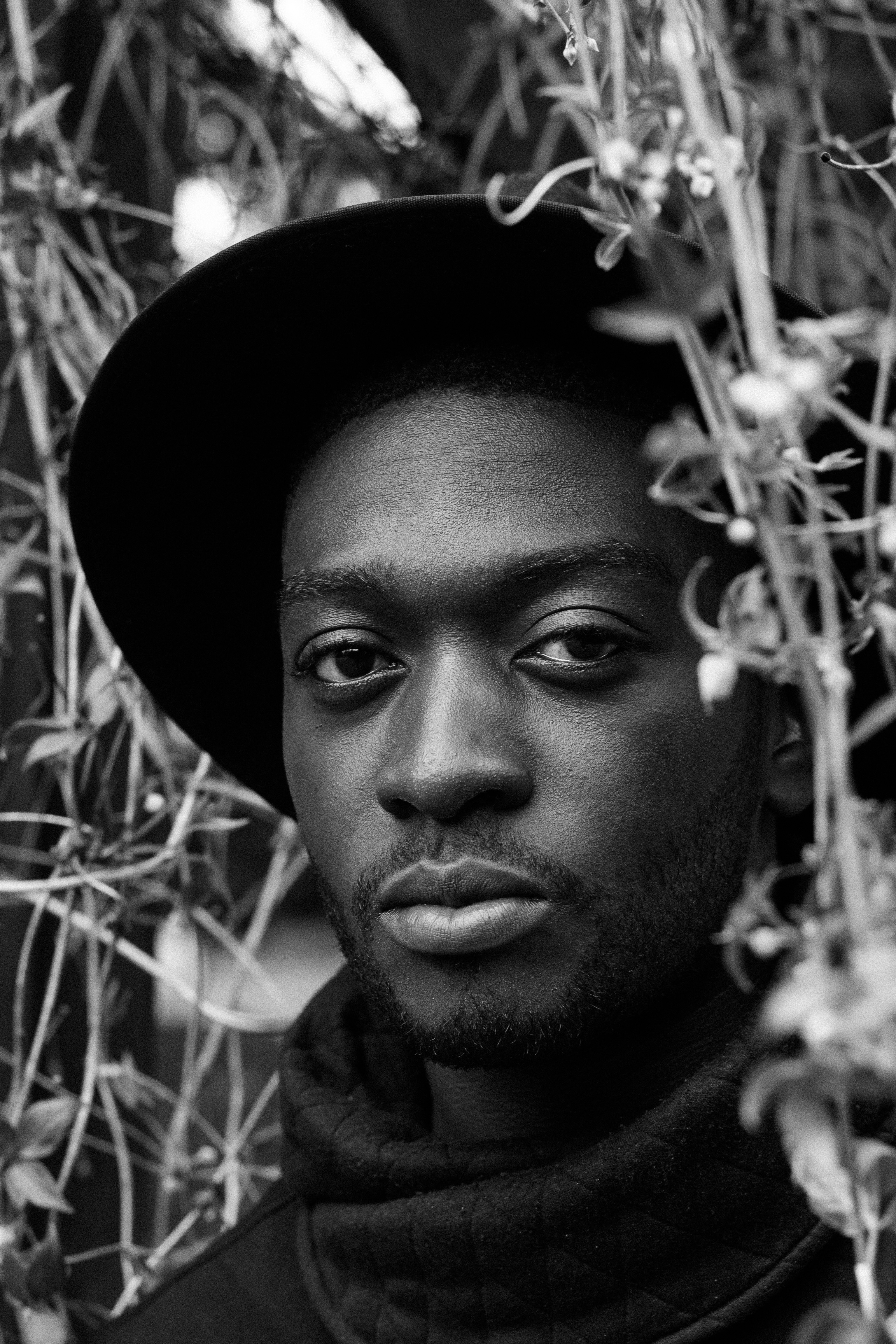 Hat and Branches. Black and White.